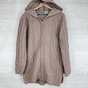 Aran Crafts Women XS Irish Wool‎ Zip-Front Hooded Sweater Cardigan Tan Fisherman